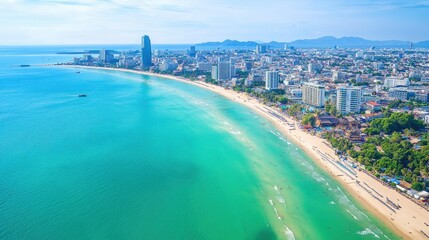 Fototapeta premium Aerial shot of Pattaya city, showcasing the blend of urban landscape with the serene beach, under a clear blue sky.