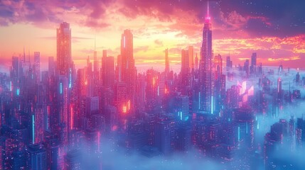 Futuristic city skyline at sunset with vibrant colors and dramatic cloud formations