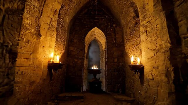 A passage through an ancient castle with burning candles leads to a stone altar with a magical glowing book. Concept of mystical rituals, ancient magic, and arcane knowledge.