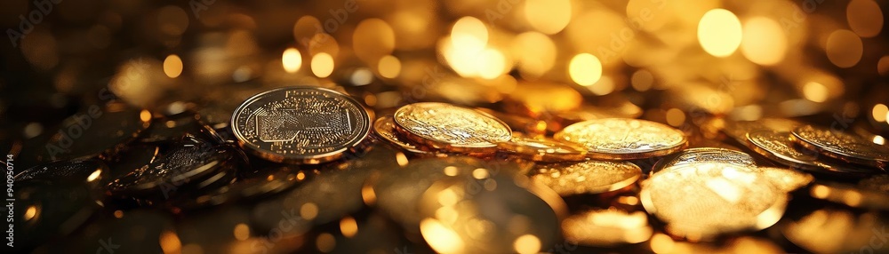 Aufkleber Close-up view of shiny gold coins scattered on a golden surface, reflecting light and creating a rich, luxurious ambiance.