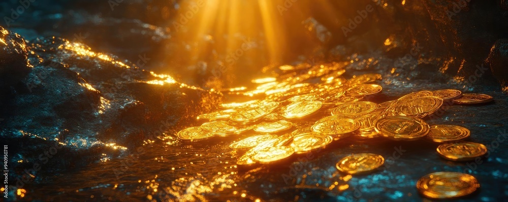 Poster glistening gold coins scattered on a reflective surface, illuminated by warm rays of light, creating