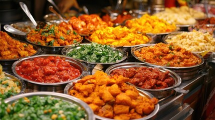 Obraz premium An appetizing selection of Indian street food, displayed with colorful garnishes.