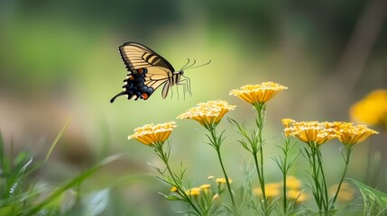  A yellow and black butterfly flies above a field of yellow and white flowers, surrounded by green and yellow vegetation
