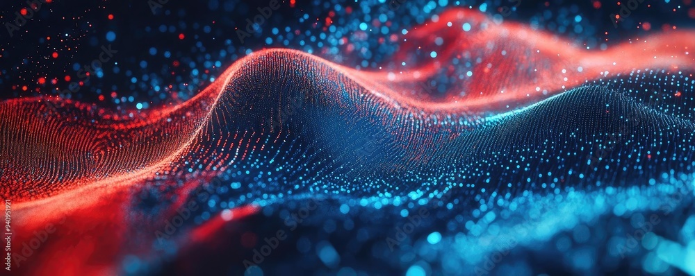Poster A stunning abstract digital wave flowing with vibrant red and blue colors, creating a mesmerizing visual experience.