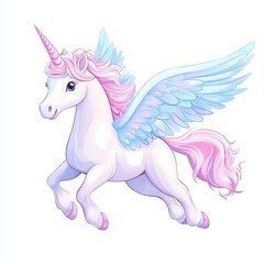 Pastel pegasus clipart, 3D cute style, flowing mane, wings spread wide, isolated on white background