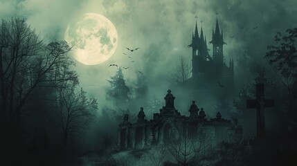 Dark, scary Halloween landscape. Spooky castle at night. Bats in the sky at full moon. Dark forest with fog. Haunted Halloween and horror wallpaper.