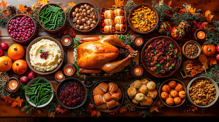 Traditional Thanksgiving Spread with Turkey, Cranberries, and Vegetables