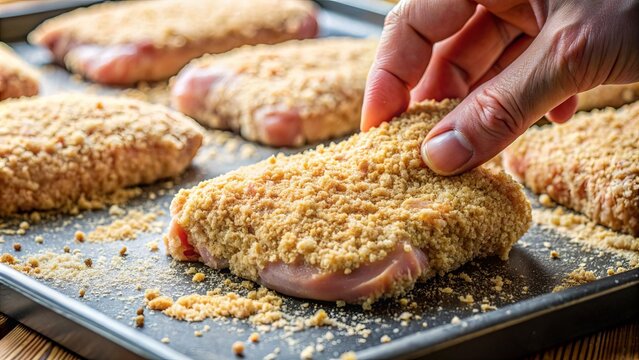 Close-up of a hand coating meat with breadcrumbs before frying, breadcrumbs, meat, coating, cooking, preparing, breaded