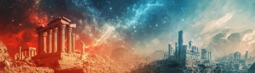 Fototapeta premium A stunning cosmic landscape showcasing ancient architecture juxtaposed with futuristic cities under a vibrant celestial sky.