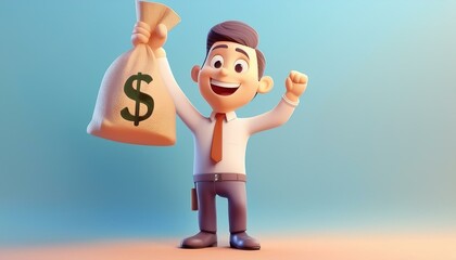 Cheerful businessman holding a money bag, celebrating financial success with enthusiasm and a bright smile.