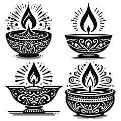 Diwali festival lamps decorative pattern vector illustration, black and white, festive greeting card
