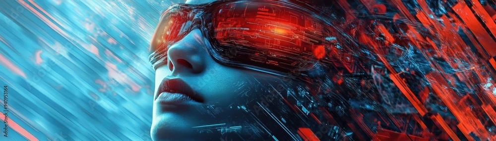 Aufkleber A futuristic portrait featuring a person with vibrant sunglasses against a backdrop of dynamic colors and digital patterns.