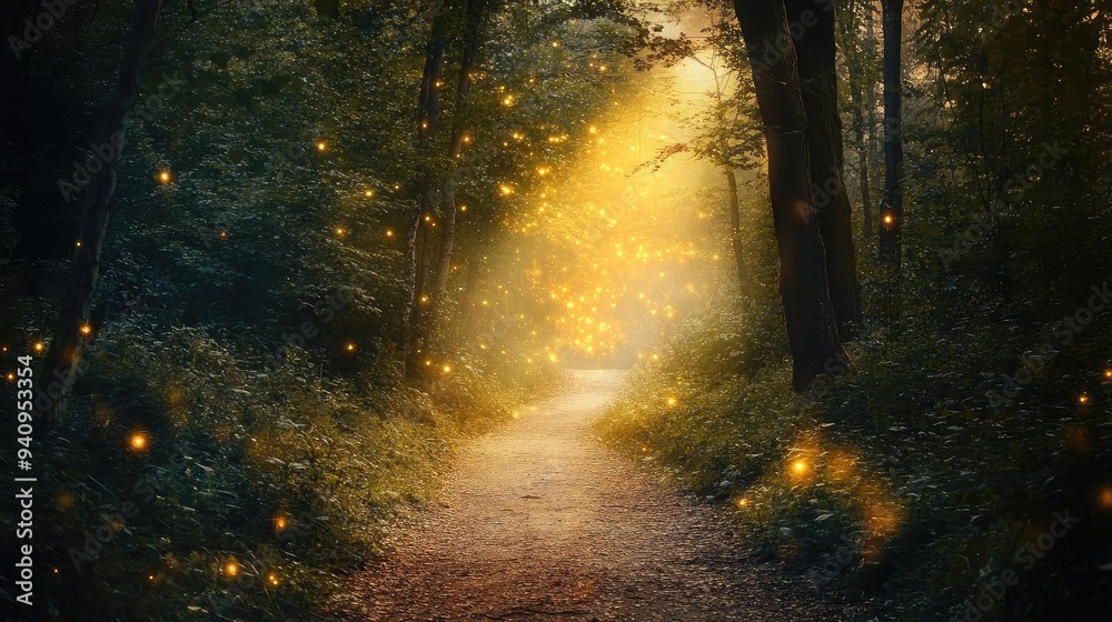 Poster A magical forest path illuminated by soft golden light and shimmering fireflies, creating a serene and enchanting atmosphere.