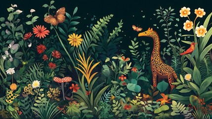Obraz premium Whimsical Jungle Scene with Giraffe and Bird