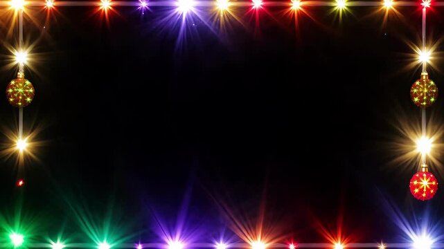 Colorful Christmas lights and red ornaments framing a dark background with copy space. Concept of holiday greetings, festive decorations, New Year celebration, and vibrant Christmas backdrop.