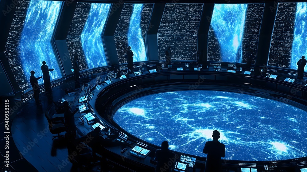 Poster futuristic command center with data visualization