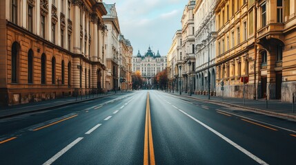 Fototapeta premium An empty urban road lined with classical architecture, showcasing elegant facades and timeless design.