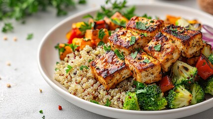 Low-calorie vegan meal with steamed vegetables quinoa and grilled tofu on a white plate top view high detail clean presentation realistic stock photo