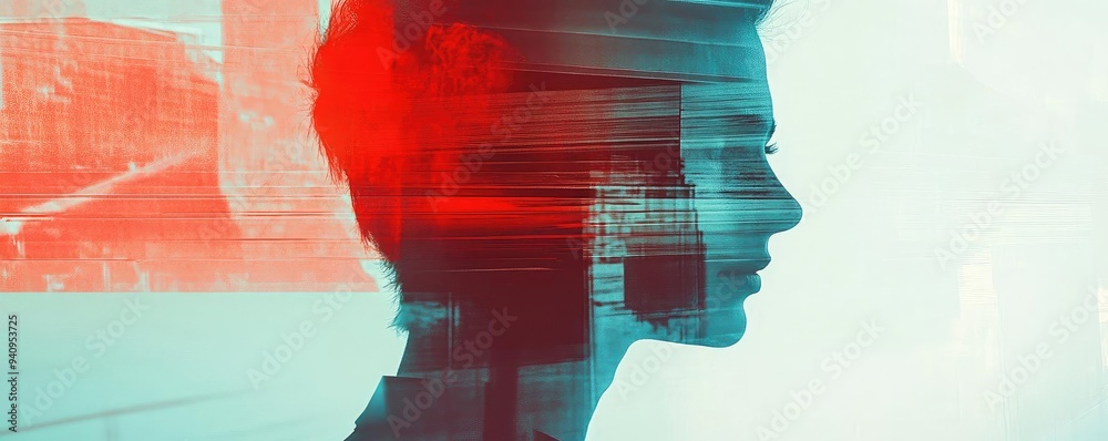 Poster abstract profile silhouette with vibrant colors, blending modernity and emotion, representing though