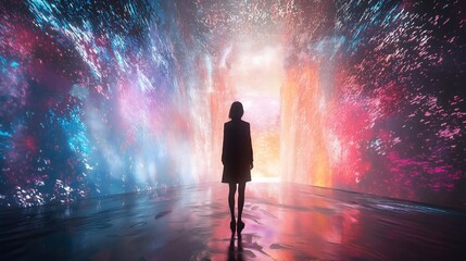 Woman Stands Before Glowing Portal of Light