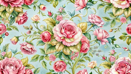 Watercolor rococo rose floral seamless pattern, watercolor, rococo, rose, floral, seamless, pattern, vintage, elegant