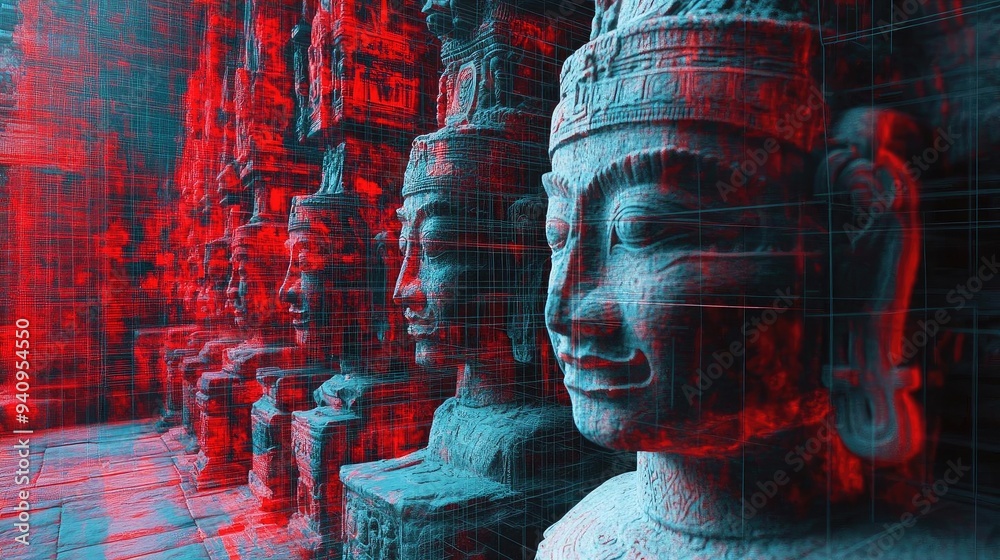 Poster a stunning artistic interpretation of ancient statues, showcasing intricate details and vibrant colo