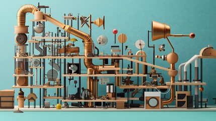 Complex Wooden Machine with Pipes and Gears
