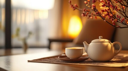 A warm, inviting tea room designed for relaxation, where quiet expectations and subtle adaptation are reflected in the calm, harmonious environment