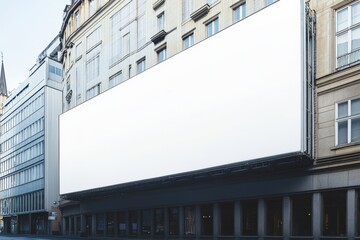 Mock up image: wide blank white billboard or large screen attached to a building. Consumerism, mockup, advertising, isolated white screen, background, template, copyspace concept 
