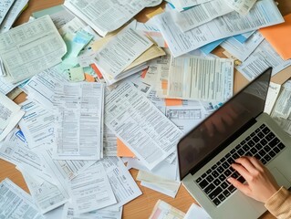 A chaotic scene of overdue bills and financial documents scattered across a desk, with a person frantically working on a laptop to manage their finances under pressure
