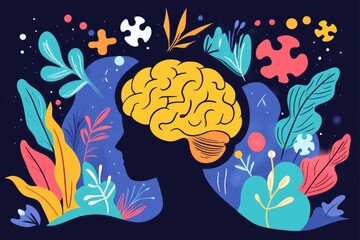 Pop Art Silhouette of a Woman with Puzzle Brain and Colorful Patterns: Exploring Cognitive Thought Creativity and the Bold Expression of Modern Identity