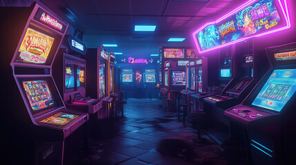 1980s Arcade Filled with Rows of Neon Game Machines