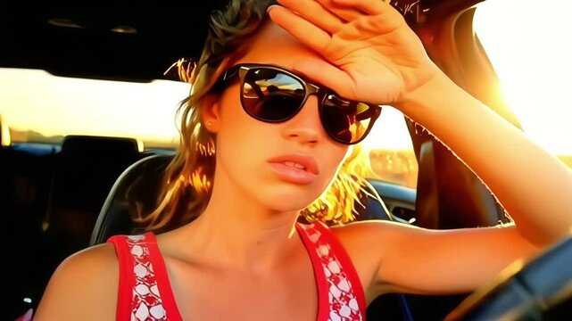 Young woman suffering from heat inside car with sunglasses on, struggling with high temperature and lack of air conditioning on a hot sunny day