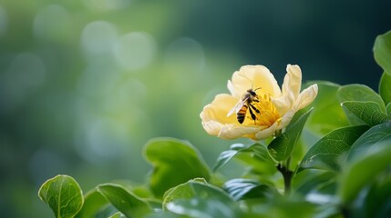  A bee atop a yellow flower near a green leafy plant bears another bee