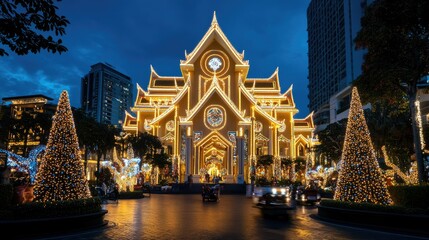 Naklejka premium Baan Sukhawadee lit up for Christmas, with twinkling lights adorning its grand facade, capturing the holiday spirit in Pattaya.