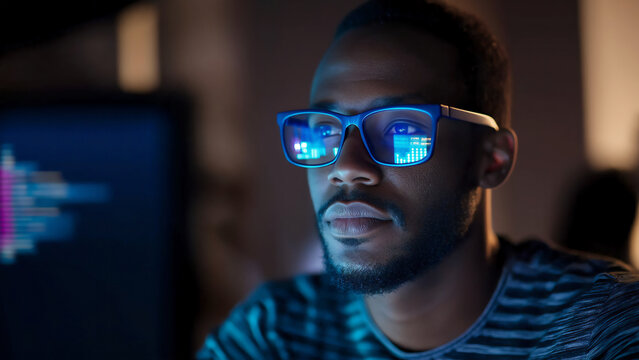Close-up of a man wearing glasses, working on a computer at night. The scene is illuminated by the glow from the screen and the light reflecting off the lens.