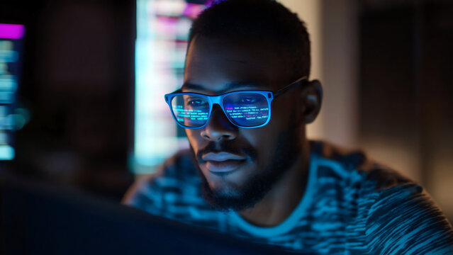 Close-up of a man wearing glasses, working on a computer at night. The scene is illuminated by the glow from the screen and the light reflecting off the lens.