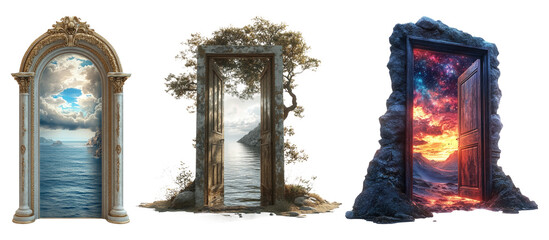 Set of fantasy doors with mystical backgrounds isolated on transparent background