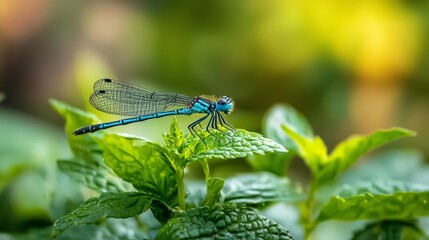 A blue-black dragonfly perches on a green leafy plant Surrounding background consists of lush green leaves