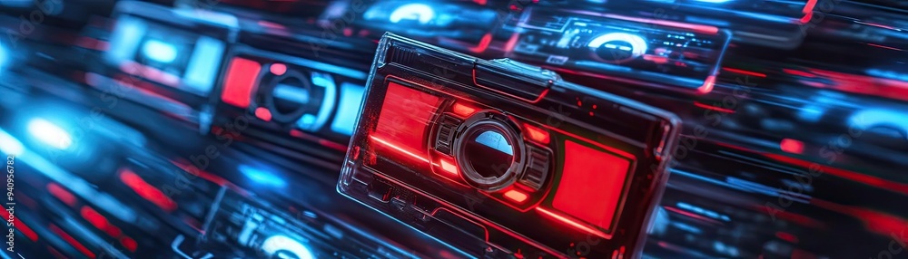 Poster futuristic digital design featuring vibrant holographic visuals with a retro video cassette theme, p