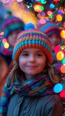A smiling child in colorful winter attire enjoys festive holiday lights, radiating joy and warmth amidst the magical, vibrant decorations.