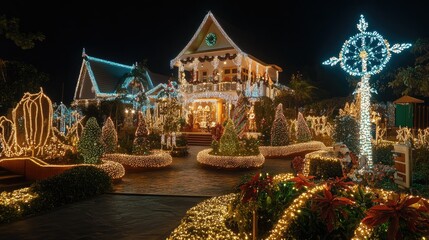 Fototapeta premium Christmas at Baan Sukhawadee in Pattaya, with intricate light displays covering the house, creating a winter wonderland.