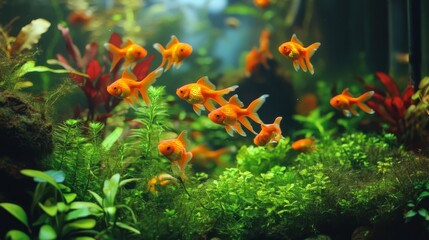 A beautiful fish tank aquarium with lush green plants and orange goldfish swimming among the water plants.