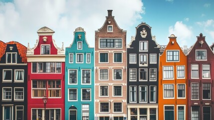 Fototapeta premium Classic Dutch houses along the canal in Amsterdam, with their distinctive facades and vibrant colors.
