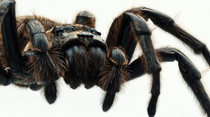 Close-up of a Goliath Tarantula, its hairy legs and imposing presence highlighted against a white background.