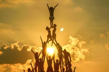 A diverse group of individuals joyfully leaping into the air against a clear blue sky, capturing a moment of celebration, Acrobats forming a human pyramid, reaching towards the sky, AI generated