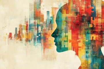 Fototapeta premium Abstract Digital Silhouette of Two Human Heads with Colorful Overlapping Patterns: Exploring Cognitive Diversity Interconnected Thought and the Complexity of Human Identity