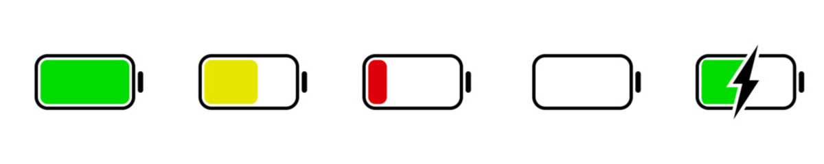 Battery charge many color flat icons. Battery charging, charge indicator. Vector battery power icon powerfully charged.