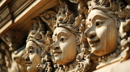 Obraz premium Close-up of the detailed wooden carvings on the Sanctuary of Truth, illustrating the craftsmanship of this iconic Pattaya landmark.