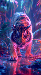 A futuristic 3D tiger in vivid colors prowling a neonlit jungle, side view, symbolizing a blend of nature and technology, cybernetic tone, vivid